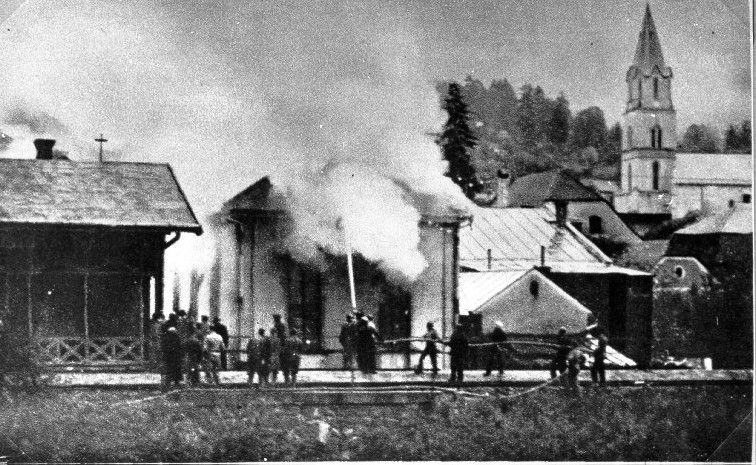 The synagogue in Nove Mesto nad Vahom, Slovakia, going up in flames.